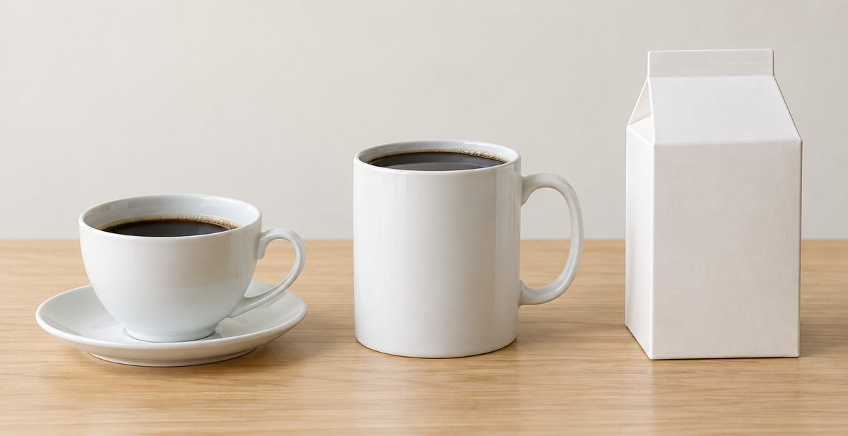 左から、コーヒーを140ml入れたコーヒーカップ、コーヒーをたっぷり入れたマグカップ、500mlの紙パック