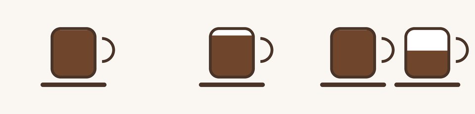 カフェインの量をコーヒーカップで表した絵。左から、コーヒー1杯、ほぼ1杯（9割）、1杯と6割