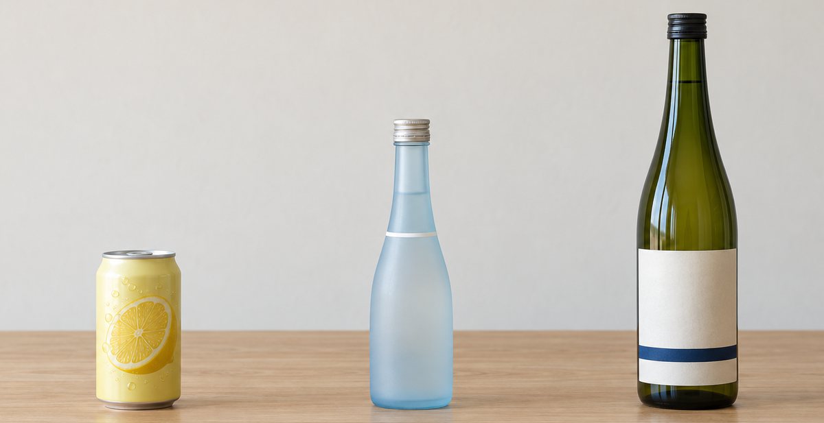 左にレモンの絵の缶チューハイ、真ん中に水色のすりガラスのスパークリング日本酒の小瓶、右に緑色の720mlの日本酒の瓶