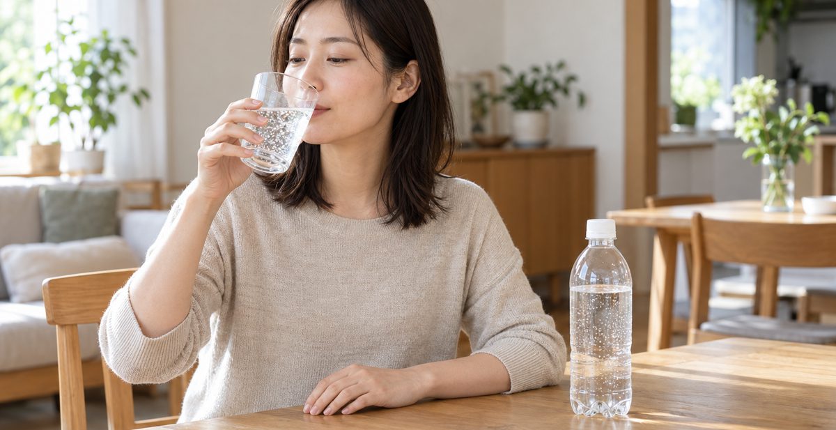 女性がテーブルで炭酸水をコップで飲んでいる。テーブルには中身が少し減った500mlのペットボトルが置いてある